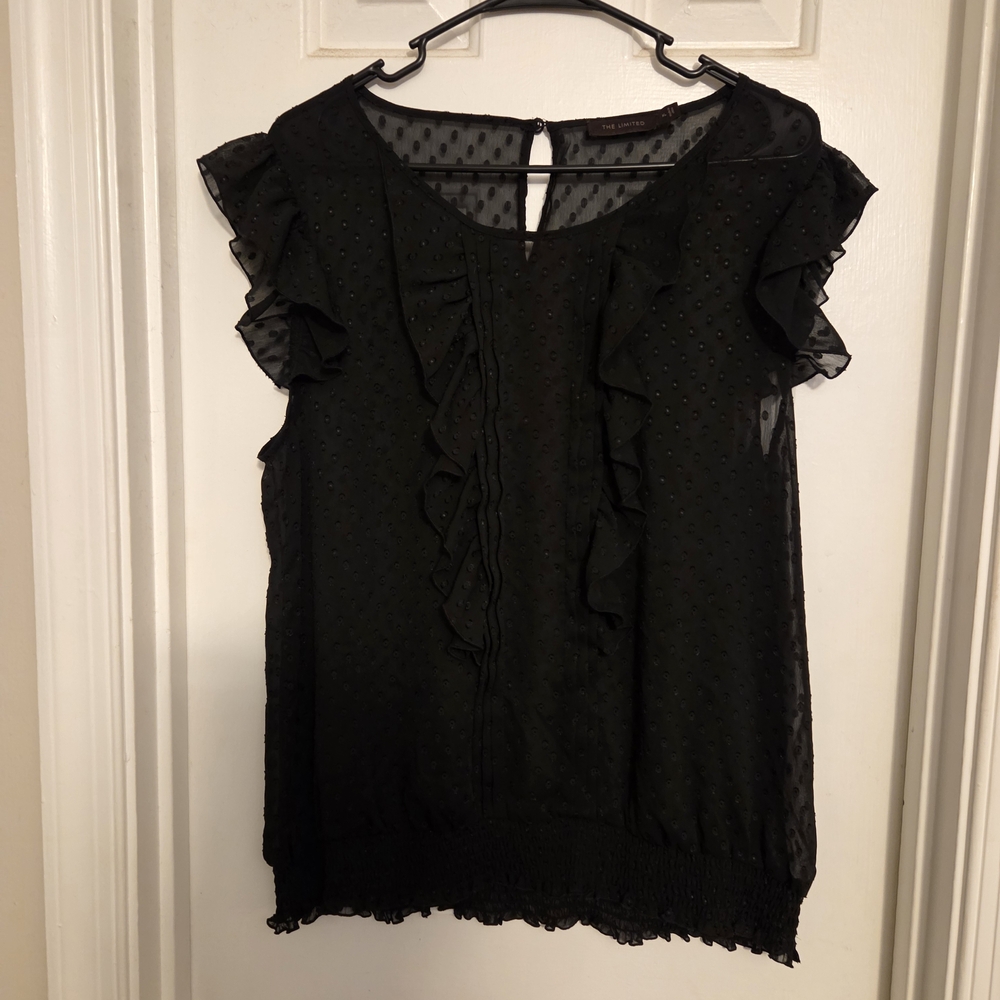The Limited: Black Ruffle Sleeve Semi-Sheer Blouse.  Size XL.